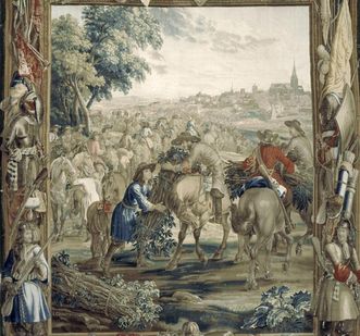 „Transport von Reisigbündeln“, Szene aus der Kriegskunstserie, Wandteppich aus Wolle und Seide, Brüssel, um 1700