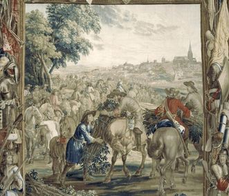 „Transport von Reisigbündeln“, Szene aus der Kriegskunstserie, Wandteppich aus Wolle und Seide, Brüssel, um 1700, Audienzzimmer in Schloss Rastatt