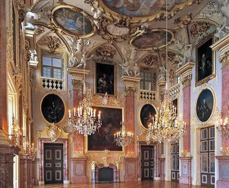 Rastatt Residential Palace, interior view of ancestral hall with several portraits