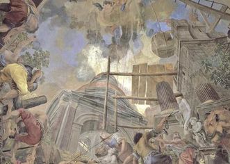 Zerstörung des Tempels und Bau der Kirche, Detail aus dem Deckengemälde der Schlosskirche Rastatt