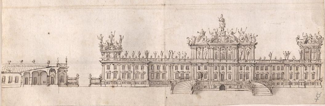 Rossi-Skizzen für Schloss Rastatt, lavierte Pinselzeichnung nach dem Schema von Schloss Schönbrunn, um 1700, Foto: Württembergische Landesbibliothek