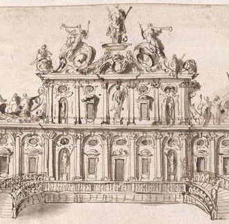 Rossi-Skizzen für Schloss Rastatt, lavierte Pinselzeichnung nach dem Schema von Schloss Schönbrunn, um 1700