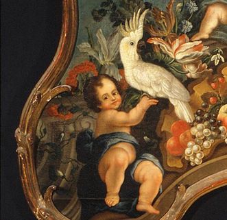 Stillleben mit Putti, Vögeln, Früchten und Äffchen