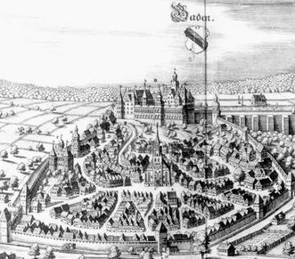 Baden-Baden with town wall and palace, copper etching by M. Merian, 1643