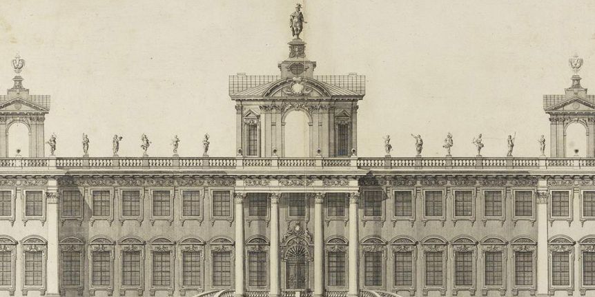 Hunting lodge, 1697 design, copper engraving circa 1705.