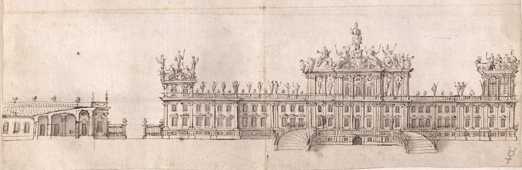 Rossi-Skizzen für Schloss Rastatt, lavierte Pinselzeichnung nach dem Schema von Schloss Schönbrunn, um 1700, Foto: Württembergische Landesbibliothek